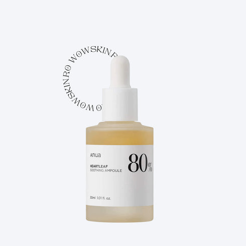 Anua Heartleaf 80% Soothing Ampoule calmează instant pielea iritată și reduce roșeața. Conține 80% extract de Heartleaf, ideal pentru ten sensibil sau acneic.